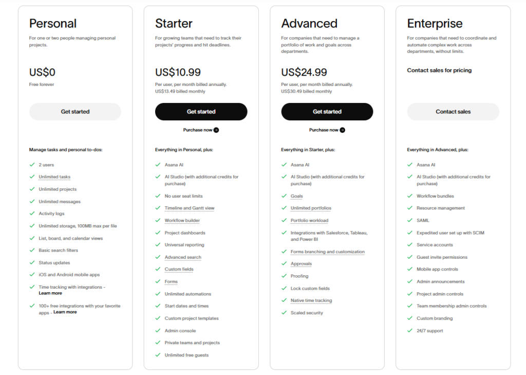 Asana free plan features overview