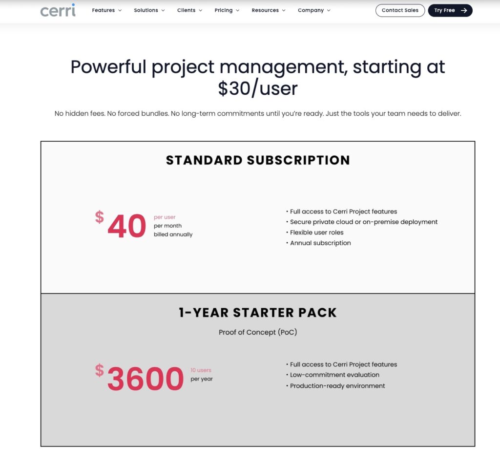 Cerri Project pricing 