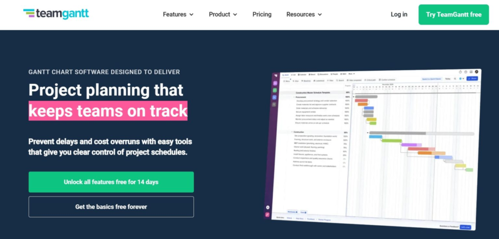 TeamGantt: Connects tasks by dragging the dot at the end of a task bar to another