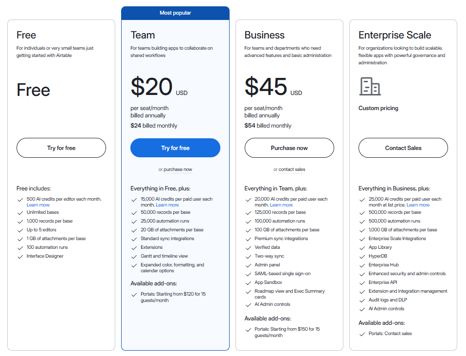 Airtable features and pricing 