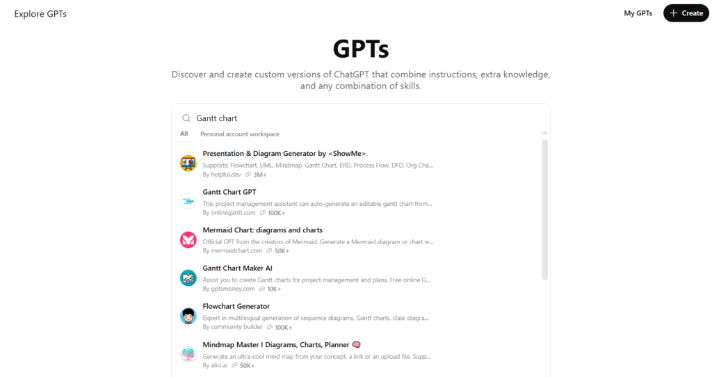 Cómo hacer un diagrama de Gantt con ChatGPT, utilizar un GPT personalizado dedicado a diagramas de Gantt, requiere ChatGPT Plus