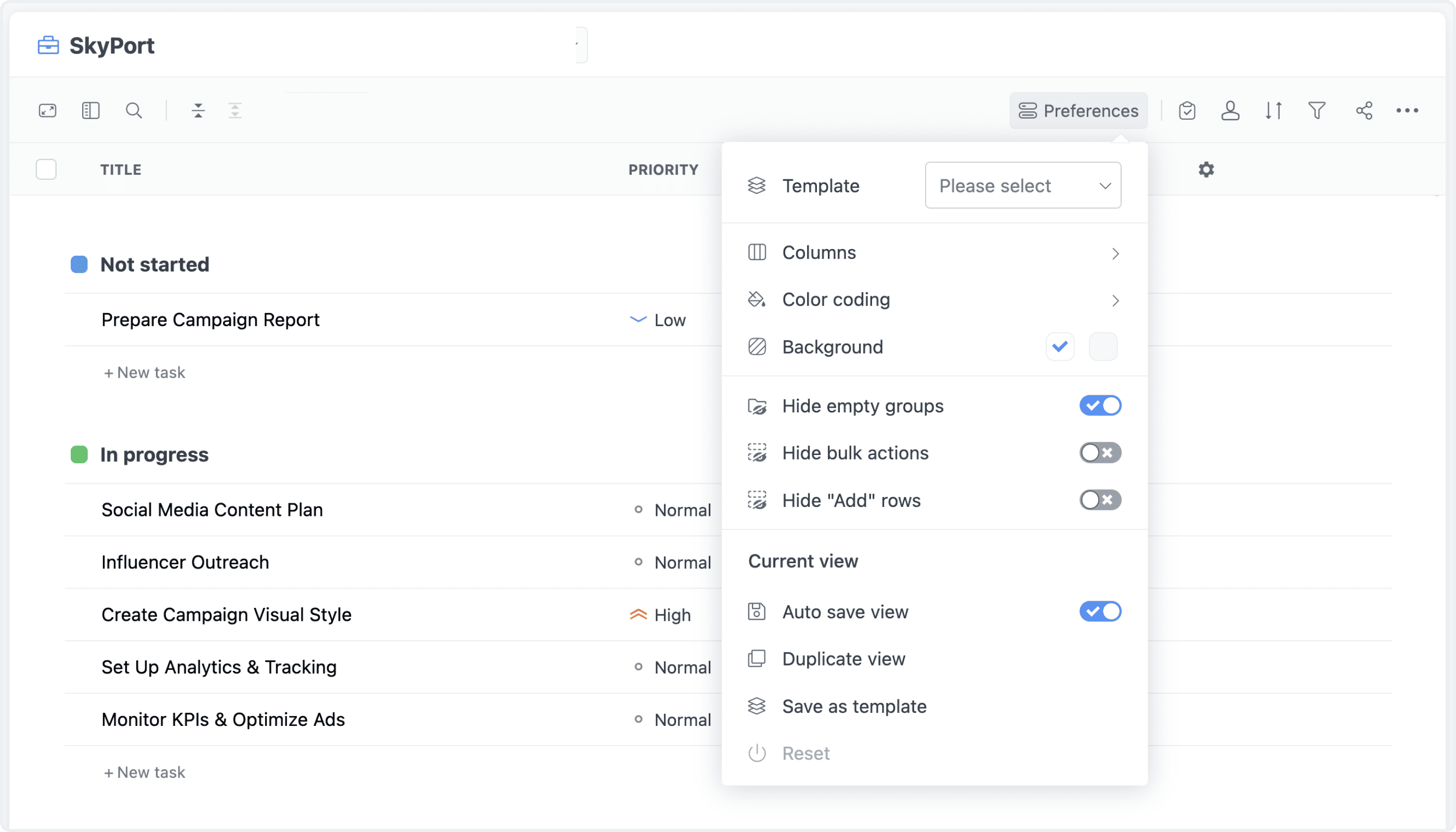 Task List: Updated Preferences