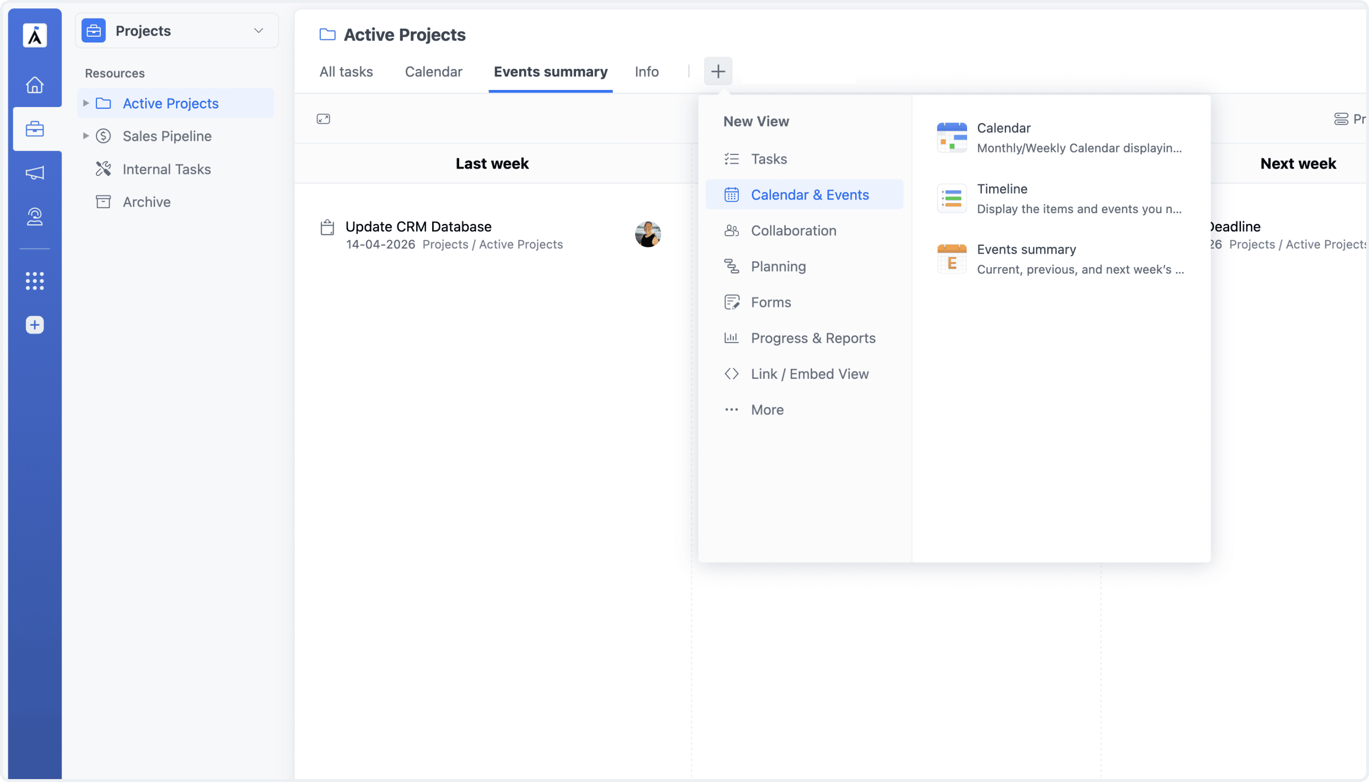 Events Summary View in Projects