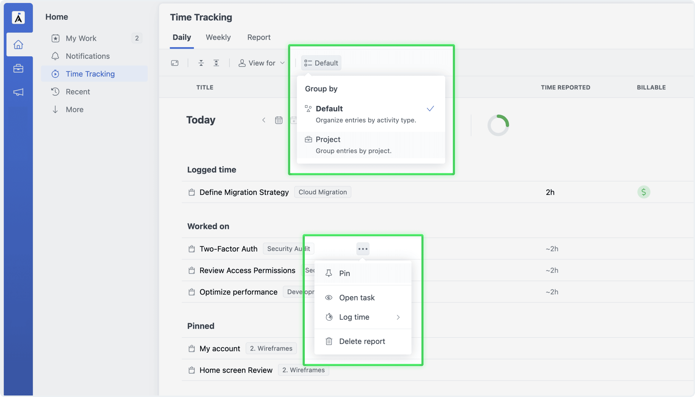 Group by & Pinned Tasks