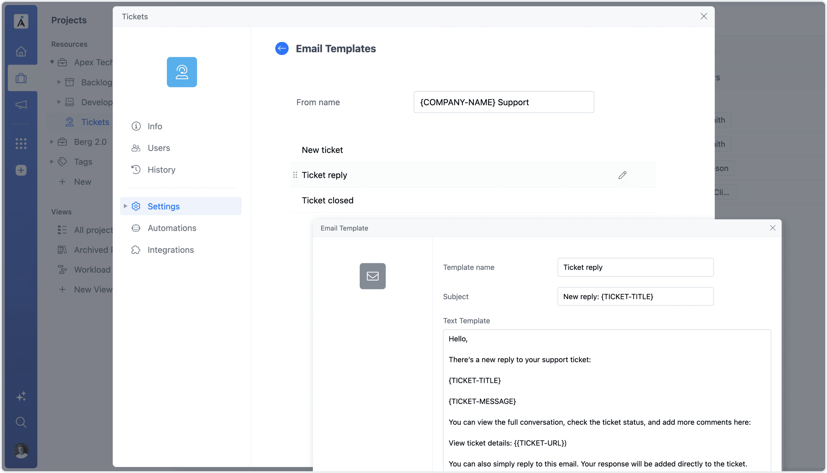 Ticket Email Templates Settings
