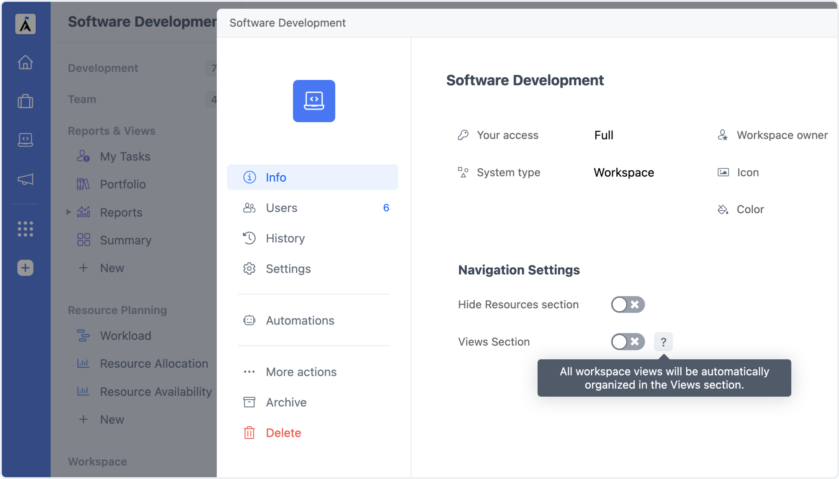 Workspace Menu Settings