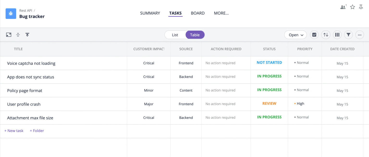 Free bug tracking template
